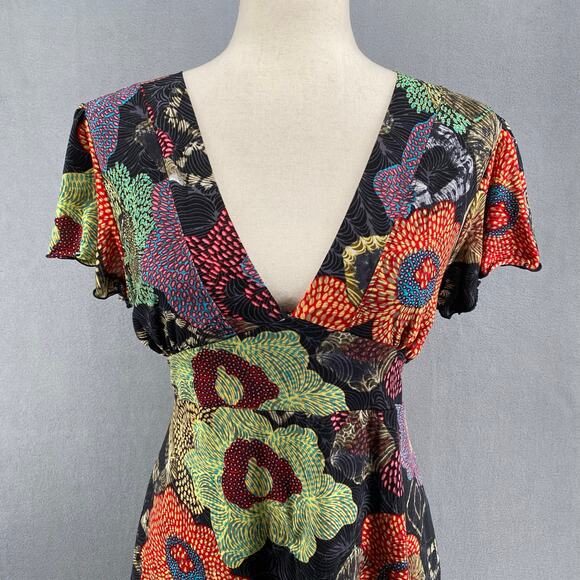 Endless Knot Art V Neck Fit Flare Abstract Floral Flutter Sleeve Dress Womens L - Picture 5 of 16